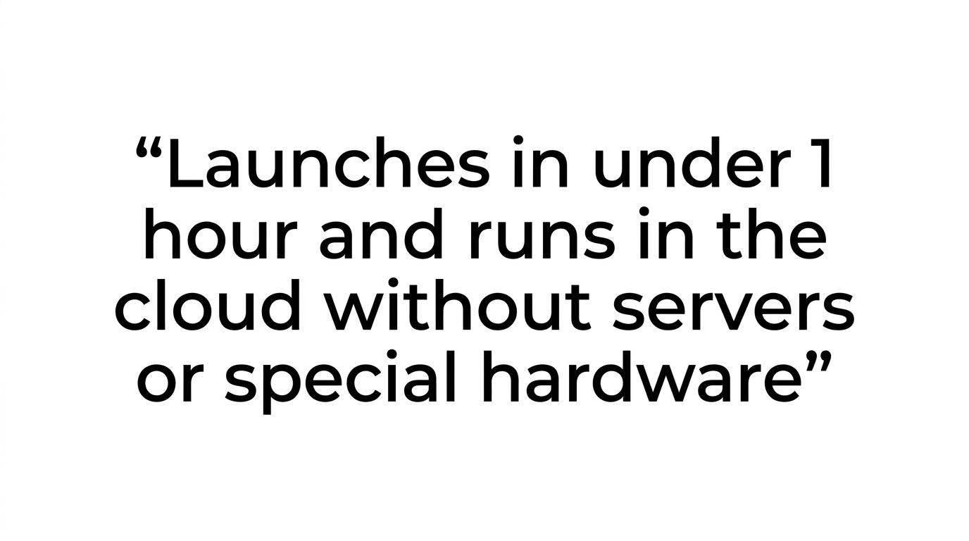 Highlighted quote stating that RiverSlot launches in under 1 hour and runs in the cloud without servers or special hardware.