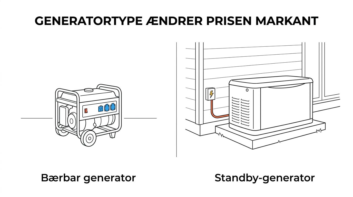 Sammenligning af portable, inverter- og standby-generatorer med typiske anvendelser og tydeligt forskellige prisniveauer.