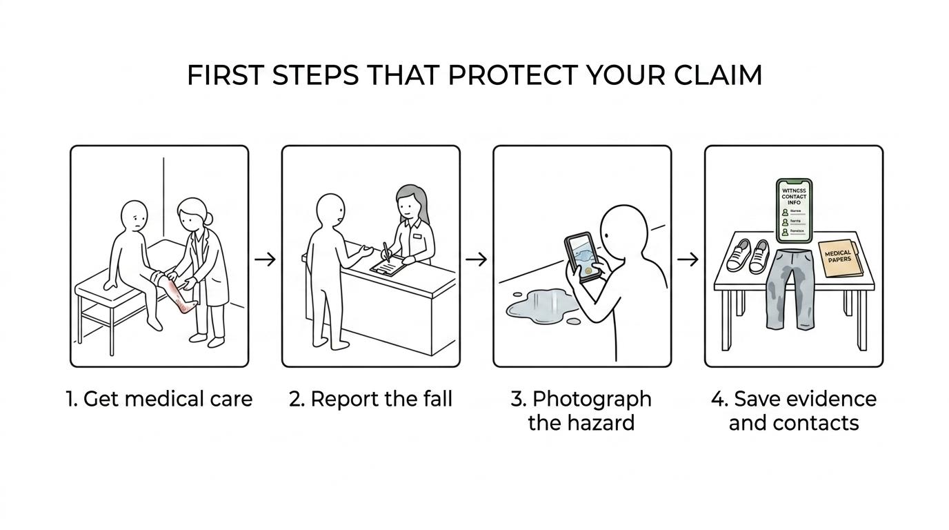 Flowchart showing what to do after a Michigan slip and fall: get safe, report it, document the scene, gather witnesses, seek medical care, preserve clothing and shoes, avoid detailed insurer statements, and contact a lawyer.