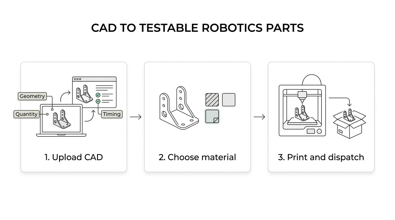 Workflow showing CAD upload, material selection, quoting and manufacturing, and finished robotics prototype parts ready for testing.