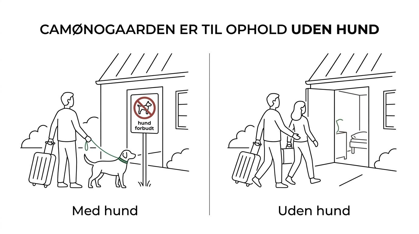 Side-by-side comparison showing Camønogaarden as a good fit for guests without dogs and not suitable for stays with dogs.