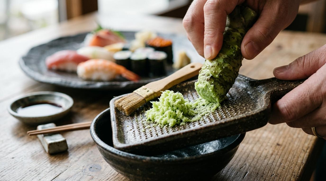 Frisk wasabirod, fintrevet wasabi og sushi serveret sammen på et bord.