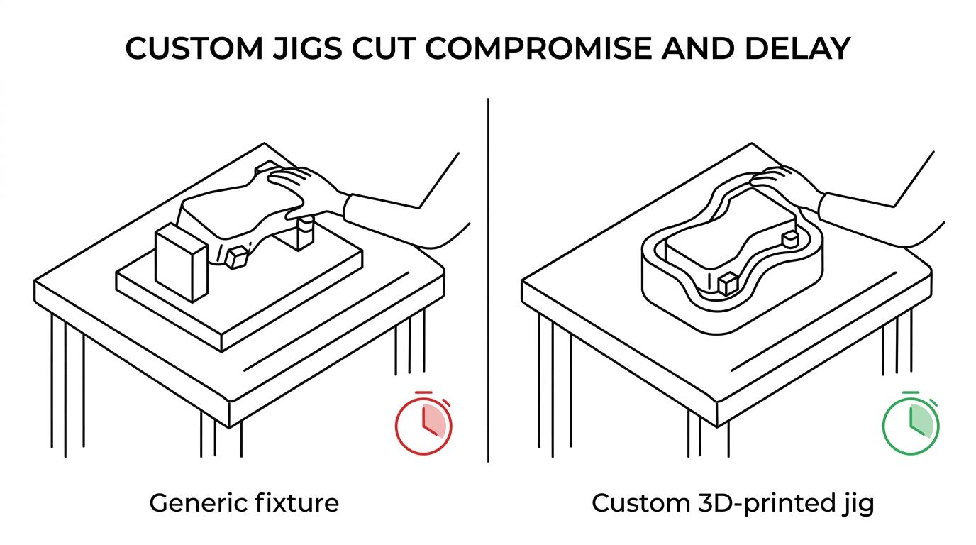 Side-by-side view of a generic fixture versus a custom 3D-printed assembly jig supporting easier part positioning at a workstation.