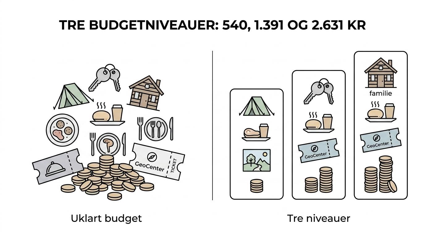 Sammenligning af tre weekendtyper på Møn med forskelligt indhold og samlet pris: lavbudget i telt, parweekend med værelse og GeoCenter, samt familieophold i hytte.