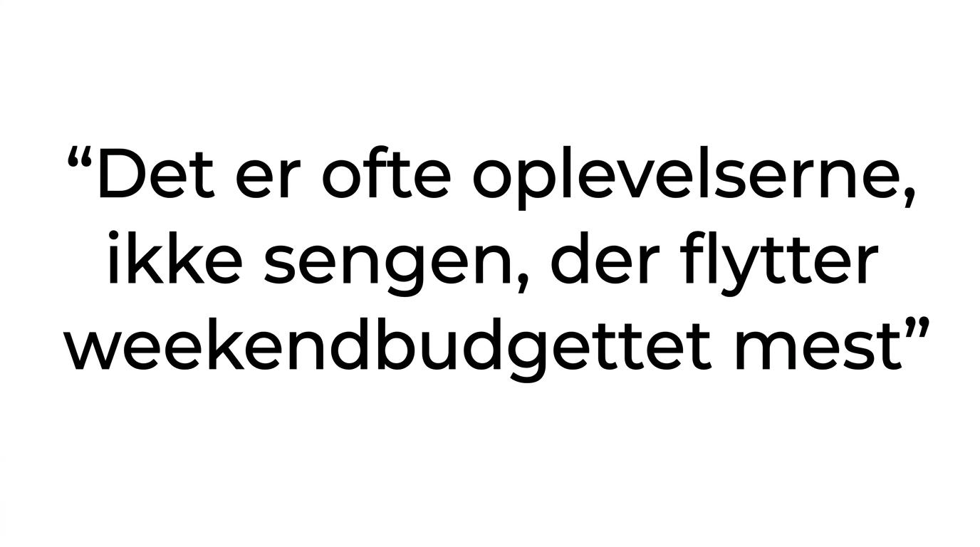 Et fremhævet citat med budskabet om, at oplevelser ofte påvirker weekendbudgettet mere end overnatningen.