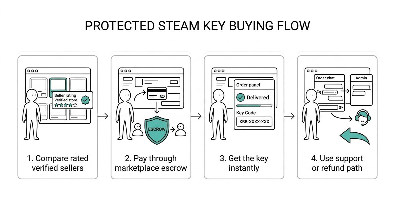 Схема процесса покупки ключа Steam с возможностью сравнения предложений, оплатой через эскроу-счет, мгновенной доставкой ключа и возможностью обратиться в службу поддержки.