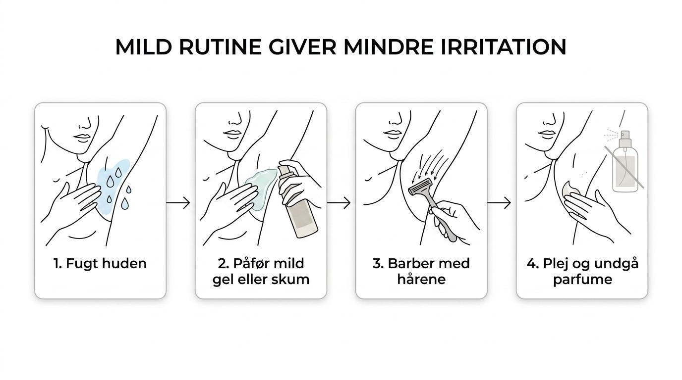 A three-step underarm shaving routine showing mild shaving foam or gel, careful shaving with a sharp razor, and soothing aftercare for sensitive skin.