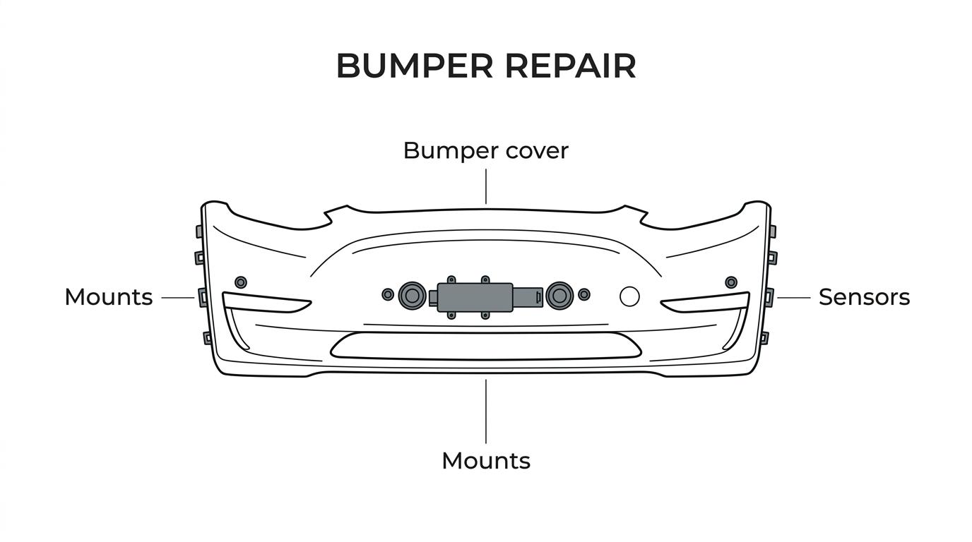 Labeled car bumper diagram showing cracked and dented areas, mounting points, parking sensors, radar components, and alignment zones.