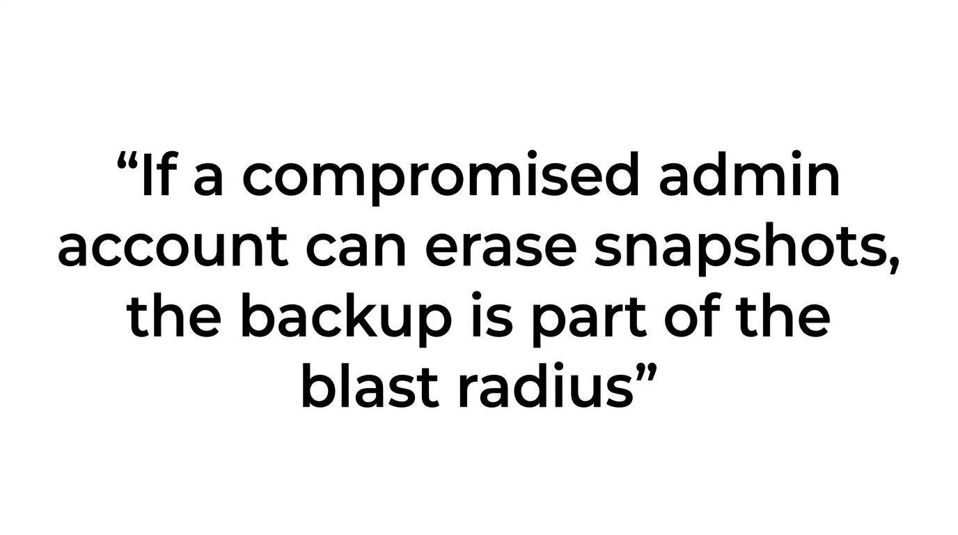 Quote card with the line about a compromised admin account putting backups inside the blast radius.