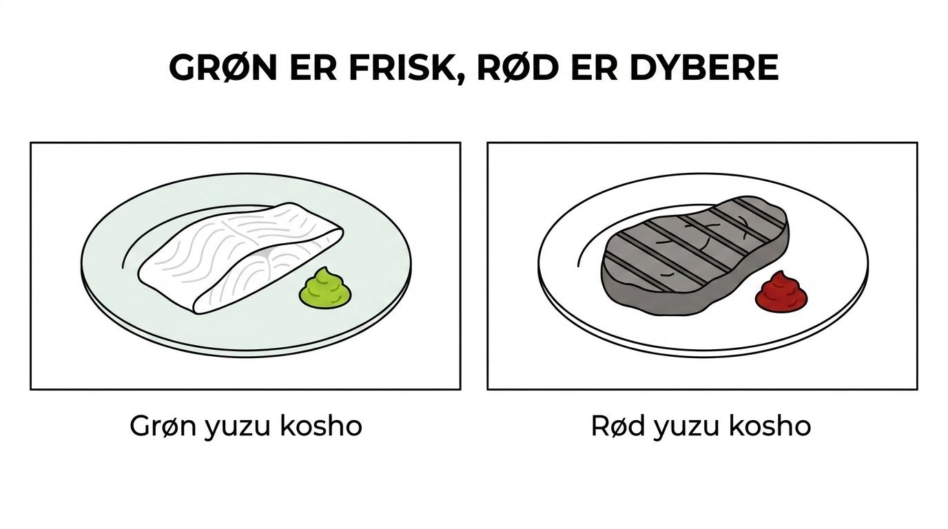 Sammenligning af grøn og rød yuzu kosho med forskelle i smag og typiske anvendelser.