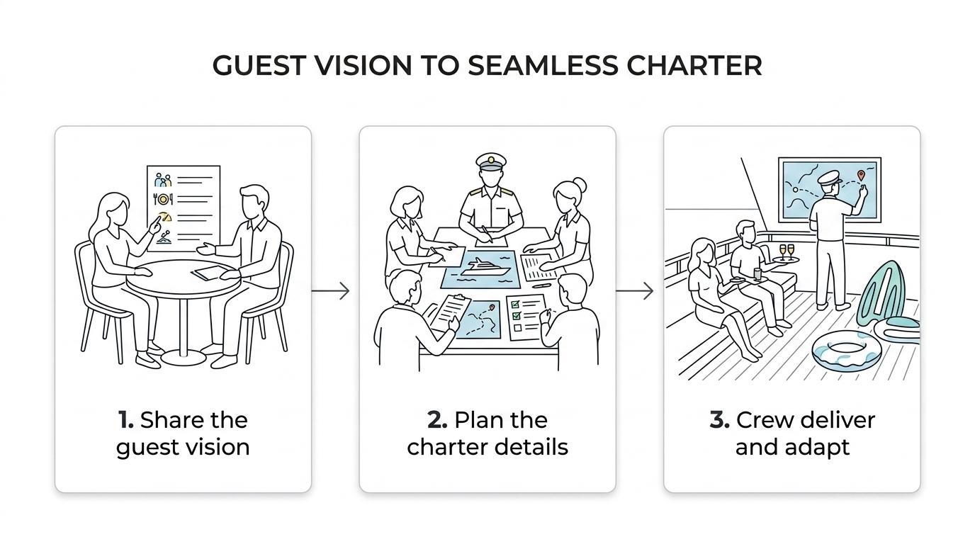 A step-by-step flow showing guest vision, preference sheet, itinerary and provisioning planning, crew preparation, onboard service, and flexible adjustments during the charter.