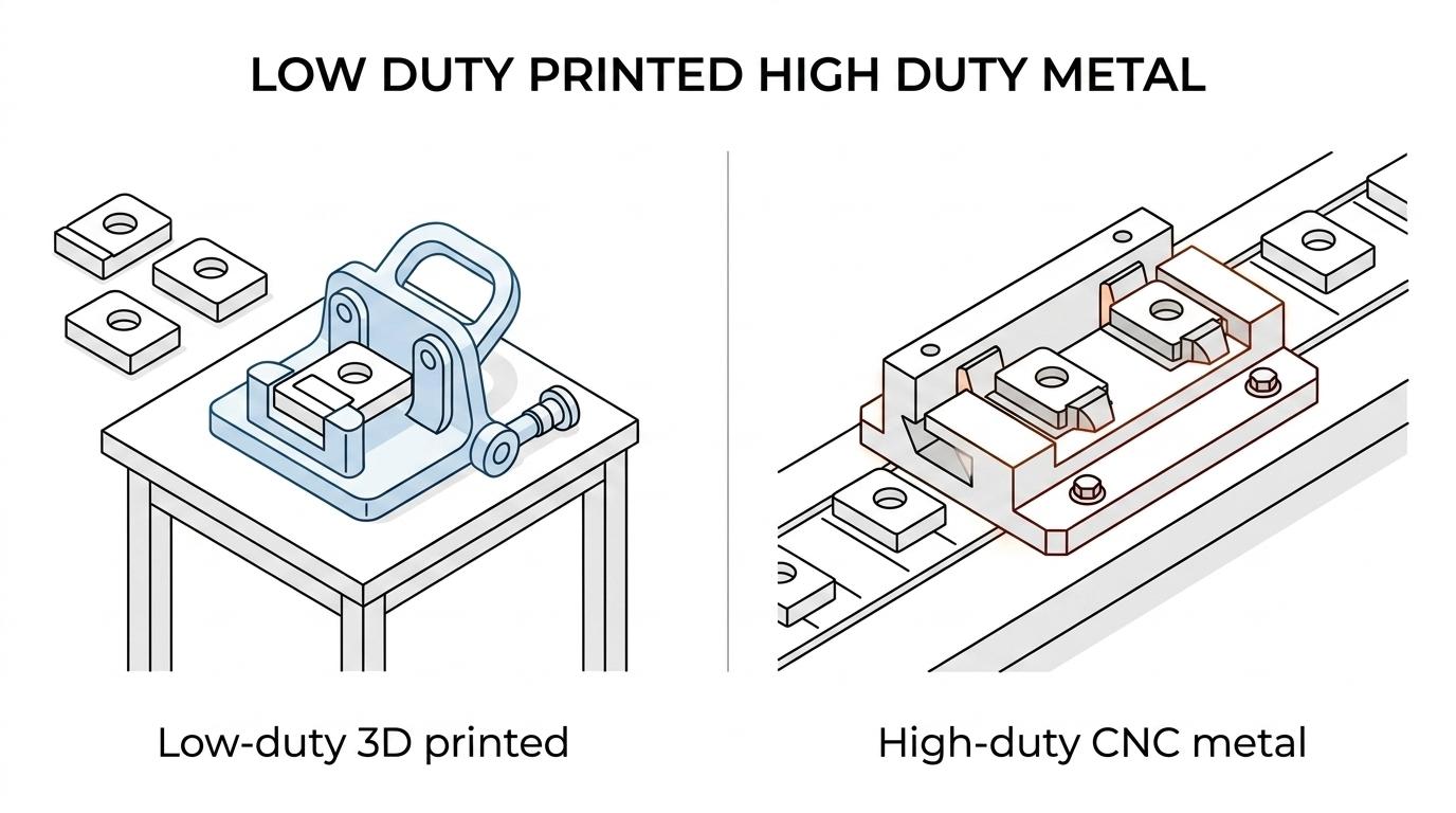 Side-by-side comparison of additive tooling, CNC aluminium, tool steel and hybrid tooling with their best-use conditions.