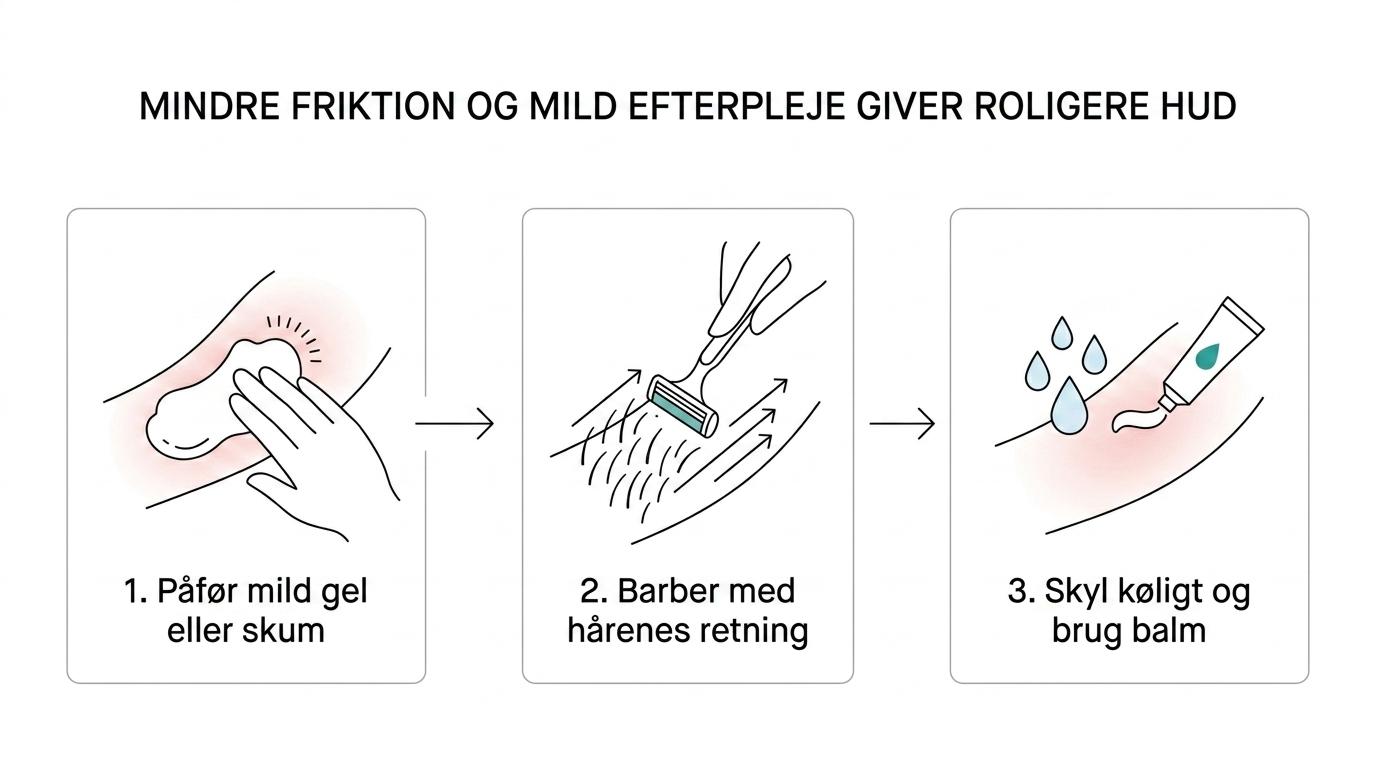 Tre trin i en mild barberingsrutine med skum eller gel, skånsom barbering og repair balm eller cream.
