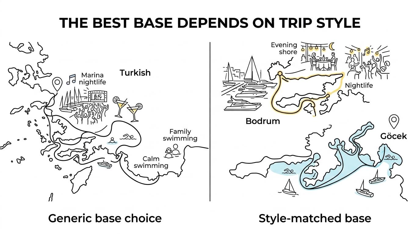 Side-by-side comparison of Bodrum, Göcek, and a wider Turquoise Coast yacht charter with their different cruising styles.