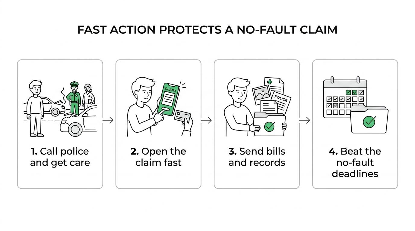 Flowchart showing the steps and deadlines after an East Lansing or MSU-area car accident, from reporting the crash to insurance claim timing.