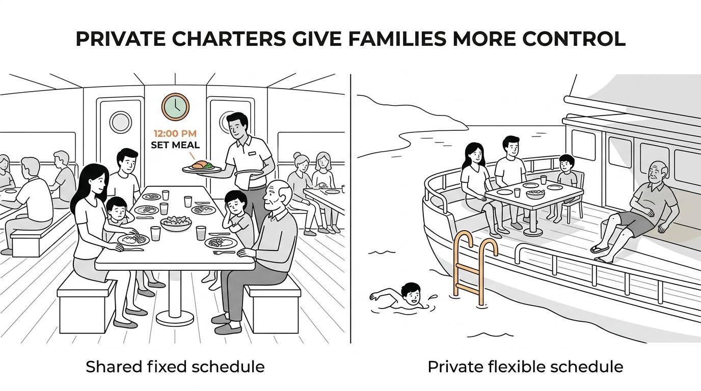 Side-by-side comparison of a private family gulet charter and a shared cabin cruise, highlighting privacy, flexibility, and schedule control differences.