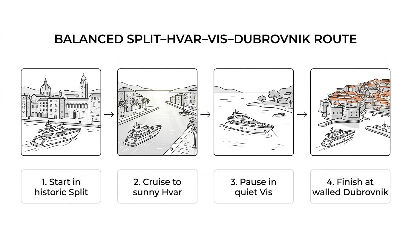 Route graphic showing a Croatia yacht itinerary from Split to Hvar, Vis, and Dubrovnik, with each stop marked by its key appeal.