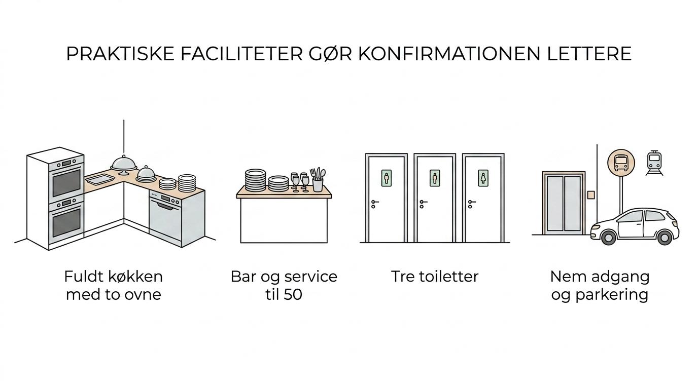 Infografik med de vigtigste faciliteter i konfirmationslokalet: plads til 50 gæster, fuldt køkken med to ovne, industriopvaskemaskine, bar, service til 50, tre toiletter og lydisoleret lokale.