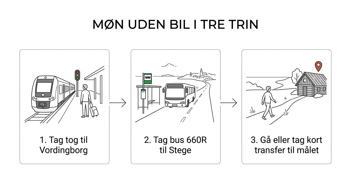 Illustration af rejsen til Møn uden bil: tog til Vordingborg, bus til Stege og sidste korte tur videre til destinationen.