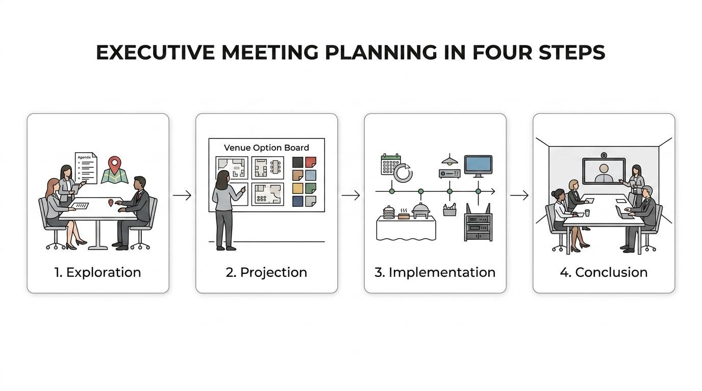 A four-step executive meeting planning flow showing Exploration, Projection, Implementation, and Conclusion.