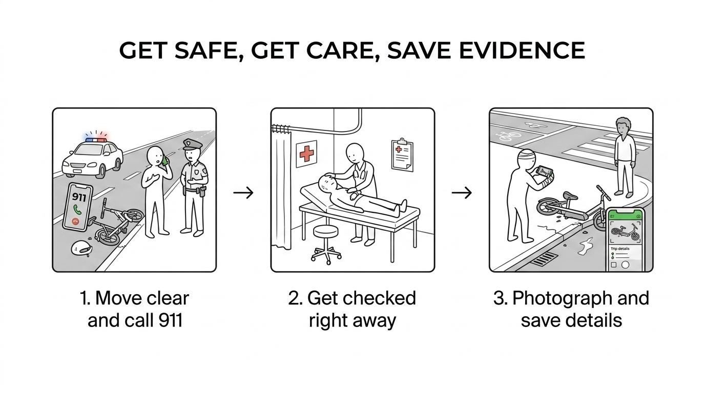 Step-by-step diagram showing what to do after an MSU-area scooter or bike crash, from getting to safety and medical care to saving photos, witness names, and app data.