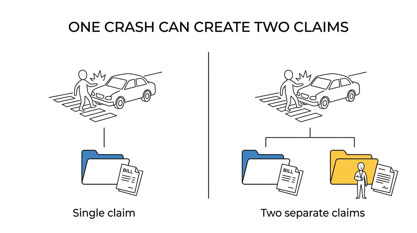 Side-by-side comparison of Michigan no-fault PIP benefits and a third-party pain-and-suffering claim for an injured MSU pedestrian.