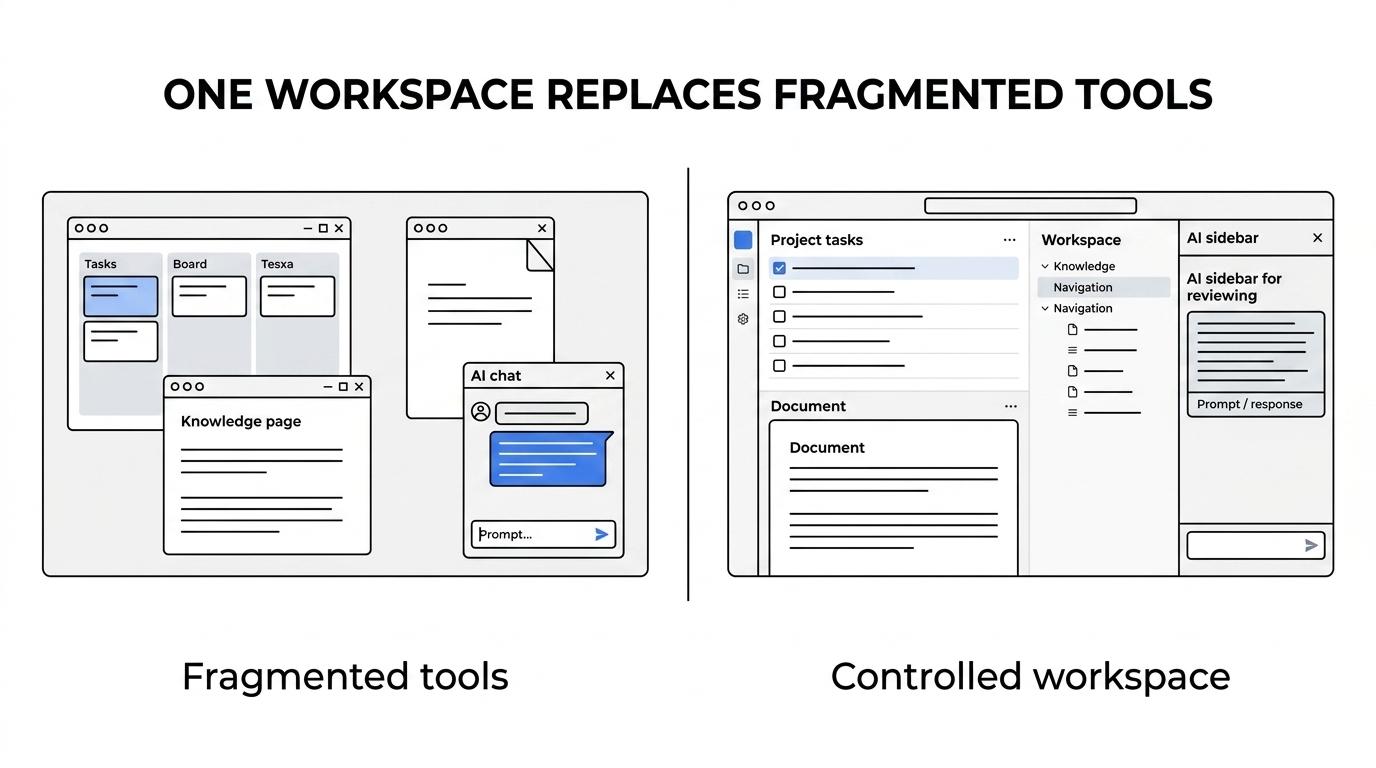Side-by-side comparison of a fragmented tool stack with separate project, docs, and AI apps versus TOW’s unified self-hosted workspace.
