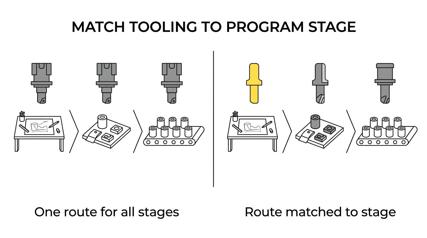 Side-by-side comparison of CNC-machined, additive, and hybrid tooling showing best-fit uses, speed, durability, precision, and cost trade-offs.
