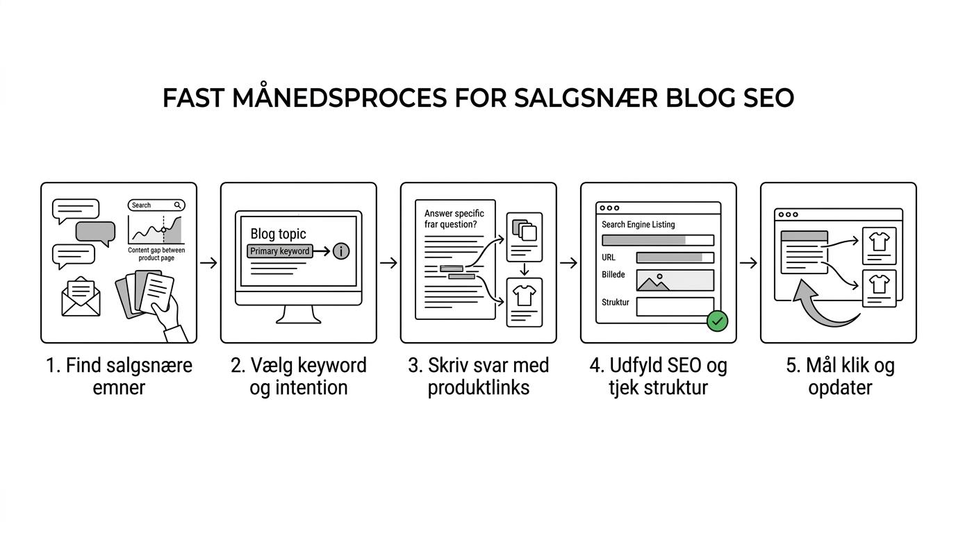 Procesgrafik med fem trin for månedligt Shopify blog SEO-arbejde fra emnevalg til måling og opdatering.