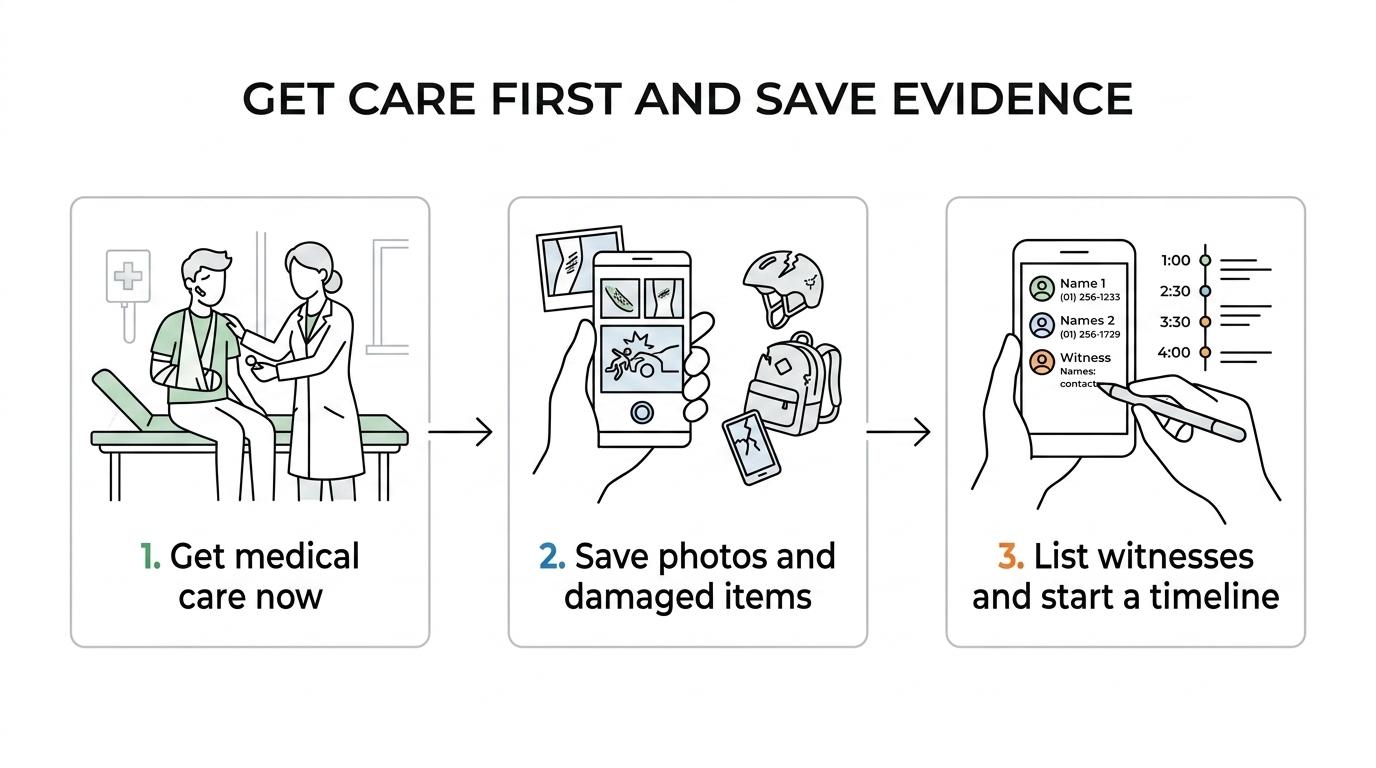 Flowchart showing the first 24 hours after an off-campus student injury, from emergency evaluation to documenting evidence, notifying support, and reviewing insurance.