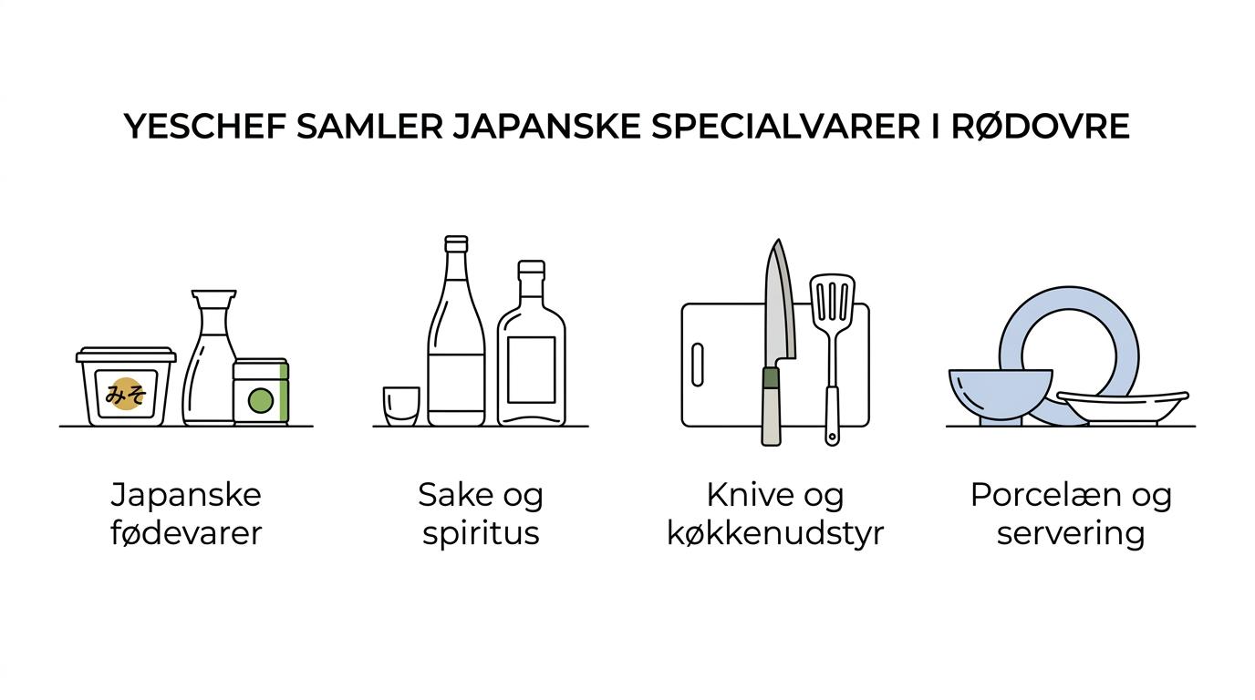Oversigt over Yeschefs vigtigste fordele: fysisk butik, webshop, stort japansk sortiment, hurtig levering og click & collect.