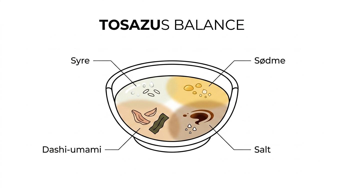 Et oversigtsdiagram over tosazu, der viser saucebasen og hvordan riseddike, mirin, soja, bonito og kombu hver bidrager til smagen.