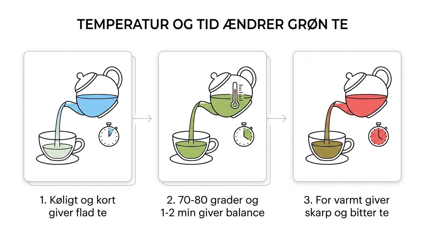 Trinvis guide til at brygge japansk grøn te med 70–80 graders vand, 2–3 teskefulde te, 1–2 minutters trækketid og flere opgydninger.