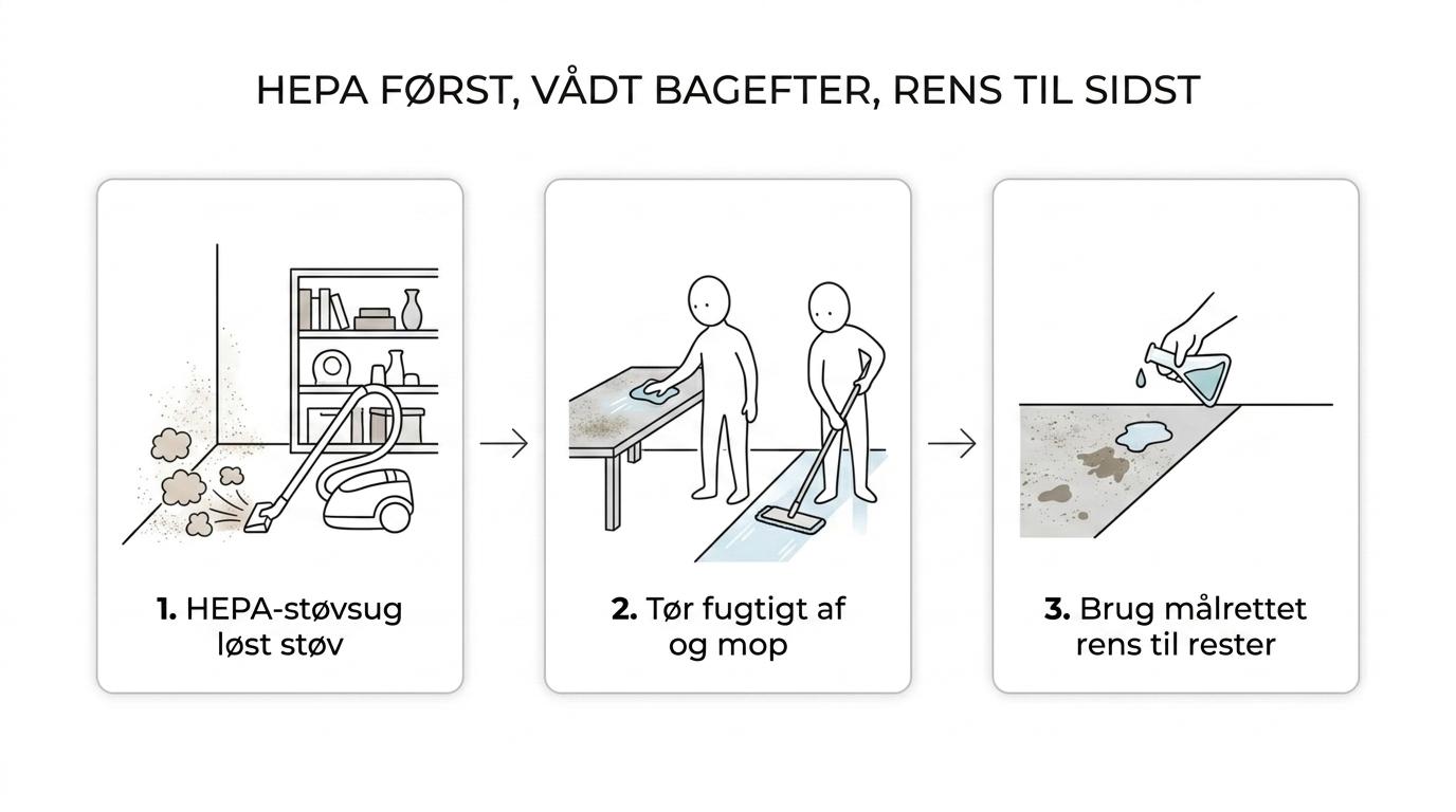 Tre trin til rengøring efter renovering: HEPA-støvsugning, fugtig aftørring og mopning, og derefter målrettet rengøring af fedt, kalk og hårde belægninger.