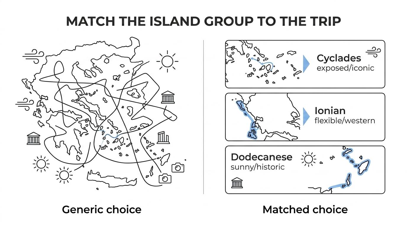 Three side-by-side panels comparing the Cyclades, Ionian Islands, and Dodecanese by cruising feel, conditions, and best fit for charter guests.