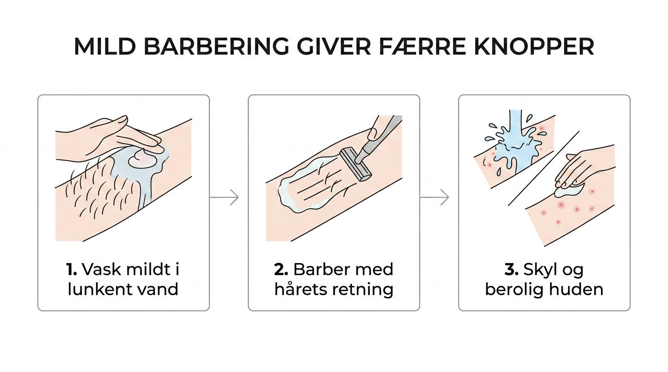 Trinvis barberingsrutine med blødgøring af huden, barberprodukt, barbering med hårets retning i få strøg og rolig afslutning.