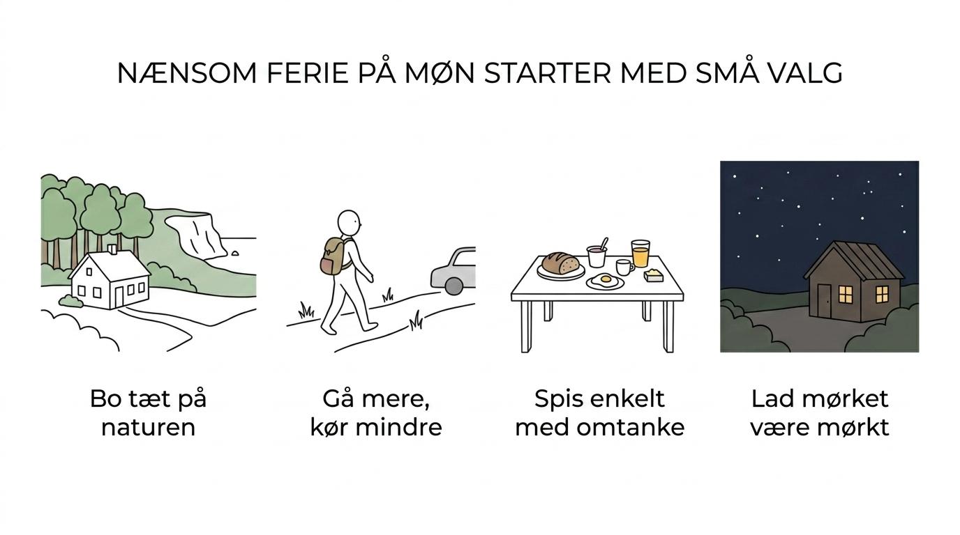 Illustreret overblik over en bæredygtig ferie på Møn med ikoner for overnatning tæt på naturen, gåture, økologisk morgenmad, mørk nattehimmel og roligt tempo.
