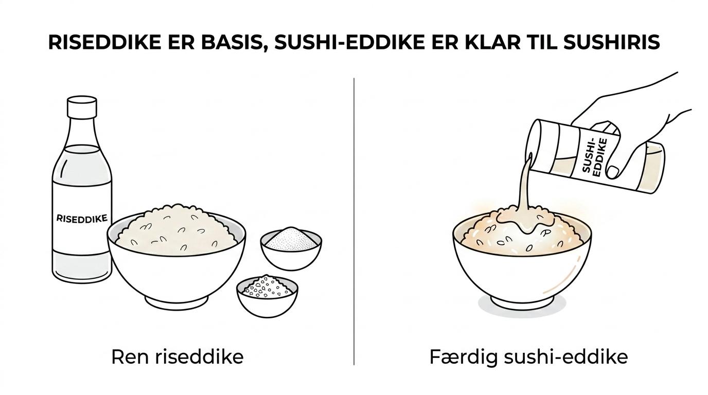 Side om side-sammenligning af riseddike og sushi-eddike med forskelle i ingredienser, smag og bedste anvendelse.