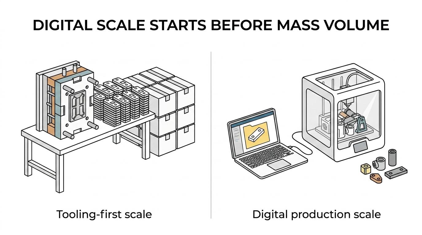 Side-by-side comparison of traditional manufacturing and additive manufacturing across tooling cost, design changes, batch size, customisation, spare parts, and part consolidation.