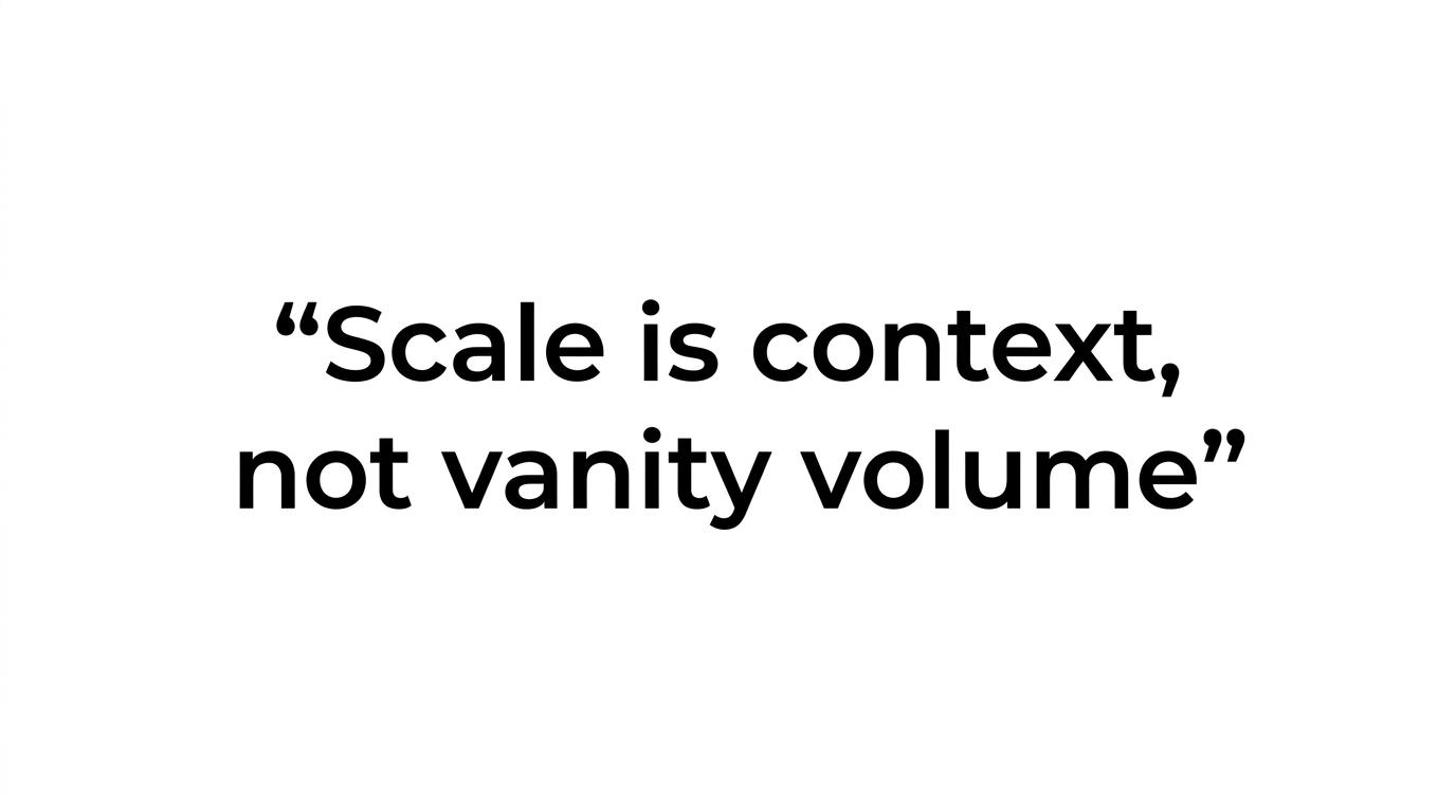 Quote graphic displaying the line 'Scale is context, not vanity volume.'