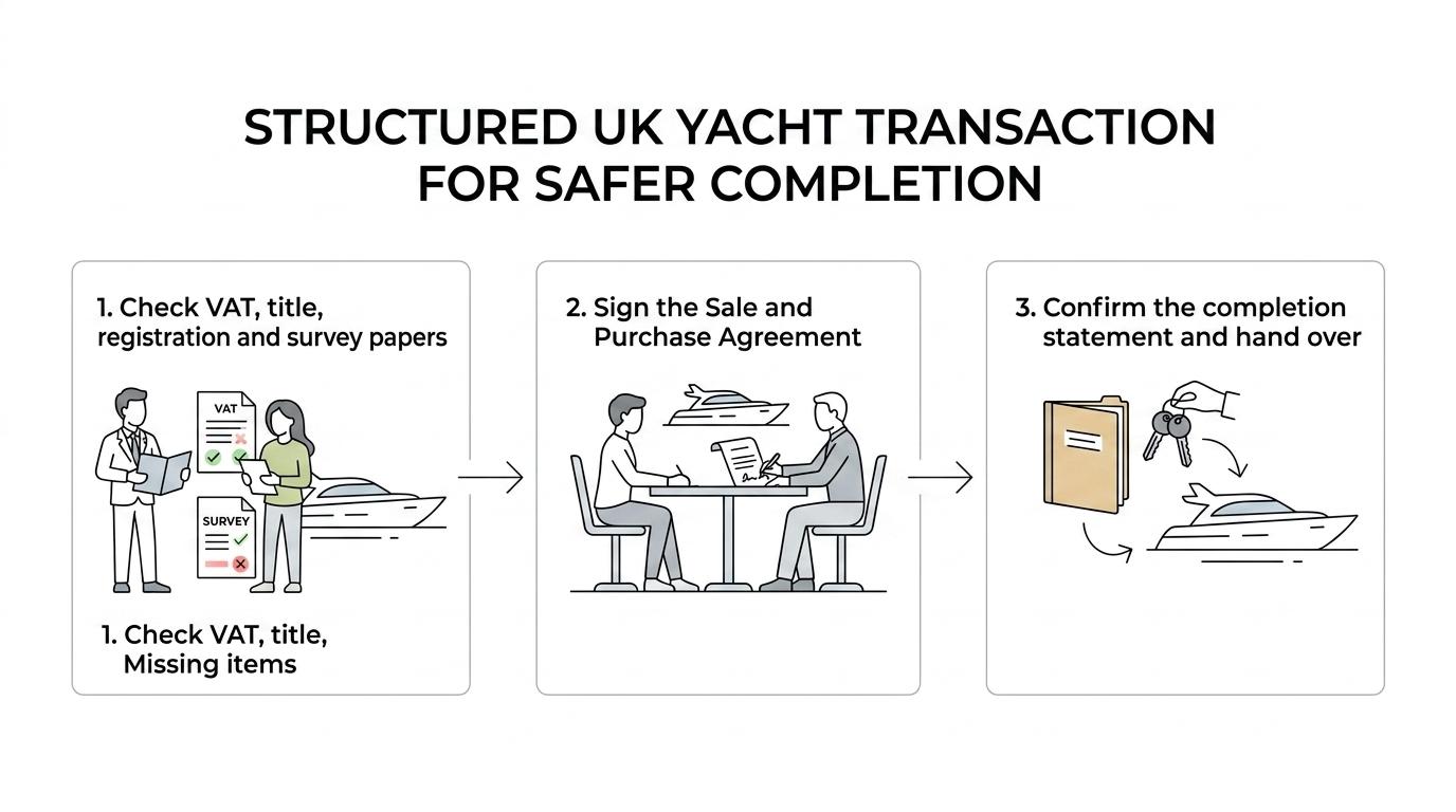 A step-by-step flow showing a UK yacht transaction from yacht search to document checks, survey, negotiation, and final completion.