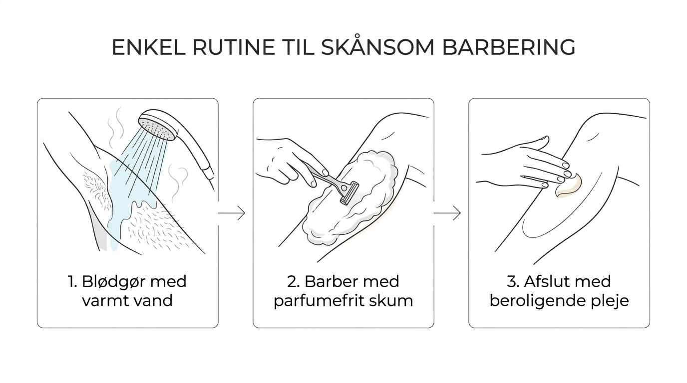 Tre trin i en skånsom barberrutine: varmt vand, parfumefrit barberskum og pleje efter barbering.