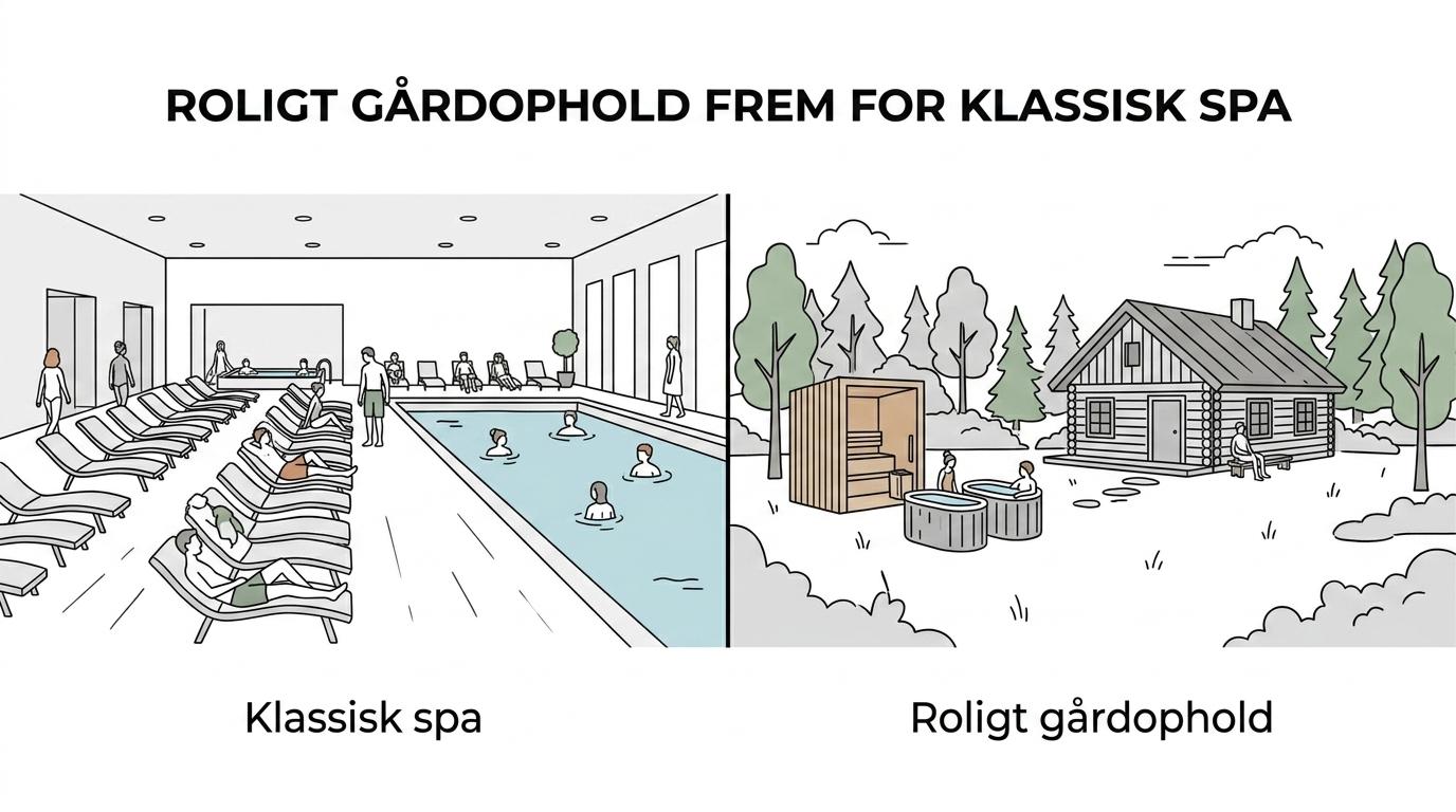 Sammenligning mellem et roligt ophold med sauna og koldbad på en naturnær gård og et større, travlere klassisk spa.