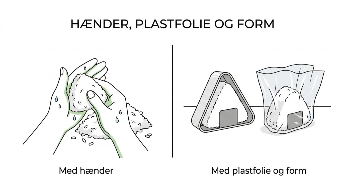 Side-by-side sammenligning af onigiri formet med hænder, plastfolie og onigiri-form, med synlige forskelle i præcision og ensartethed.