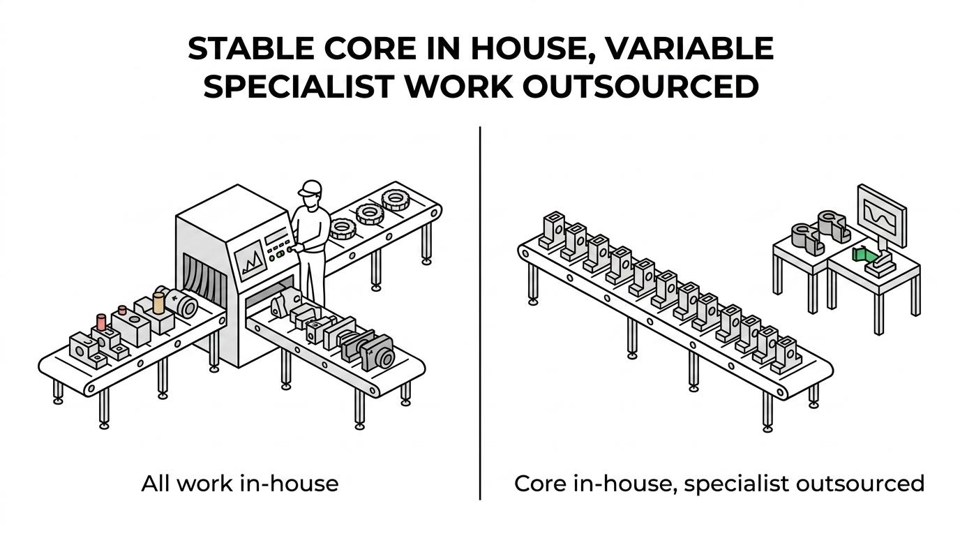 Side-by-side comparison of in-house production and contract manufacturing, showing when each option makes the most sense.