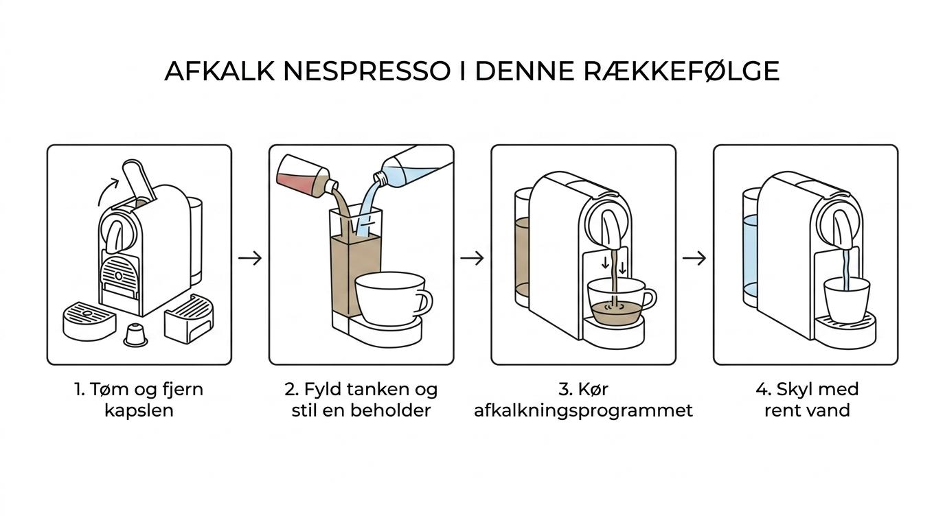 Trinvis oversigt over afkalkning af en Nespresso fra tømning og påfyldning til program og skylning.
