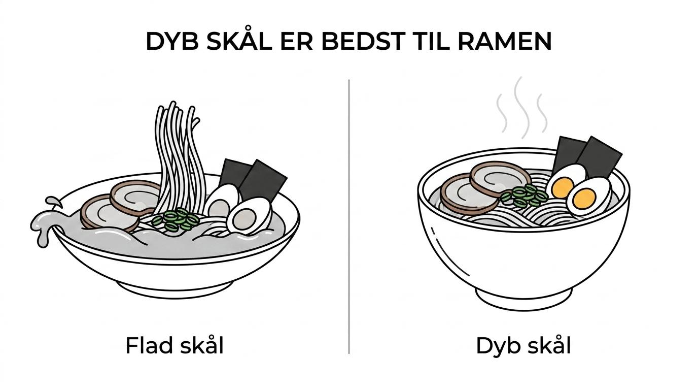 Sammenligning af en dyb ramenskål og en flad skål, begge med bouillon, nudler og toppings.