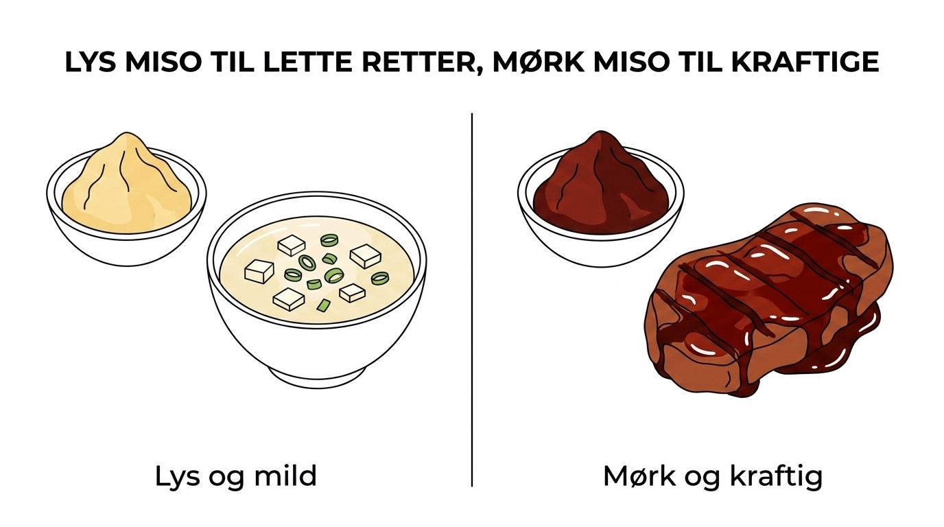 Sammenligning af flere typer miso pasta med forskelle i base, farve, smag og typiske anvendelser.