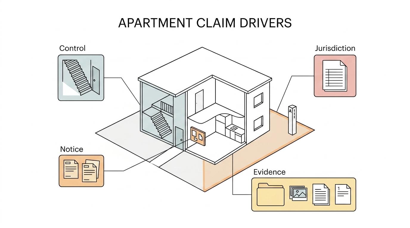 Diagram showing an MSU-area apartment injury claim broken into location, control, hazard notice, local government records, and evidence.