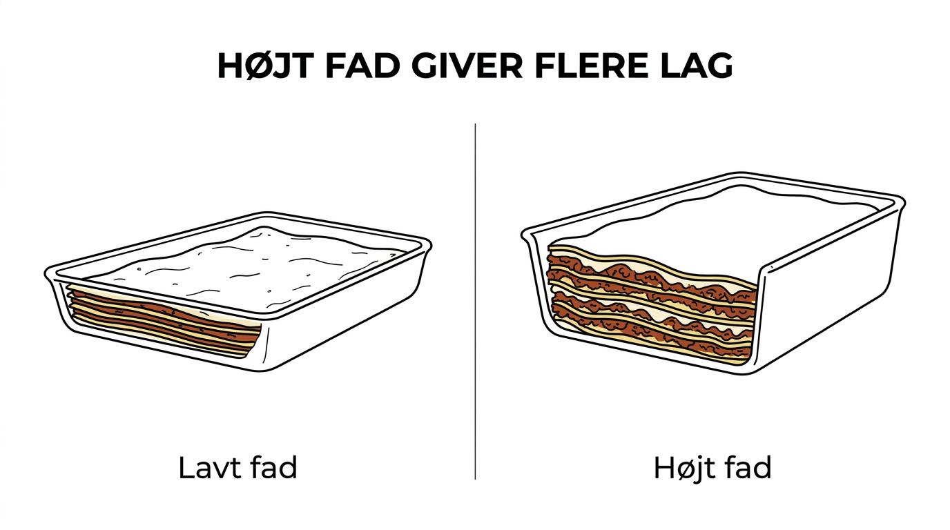 Sammenligning af et lavt lasagnefad og et højt rustfrit stålfad med færre versus flere stabile lag lasagne.
